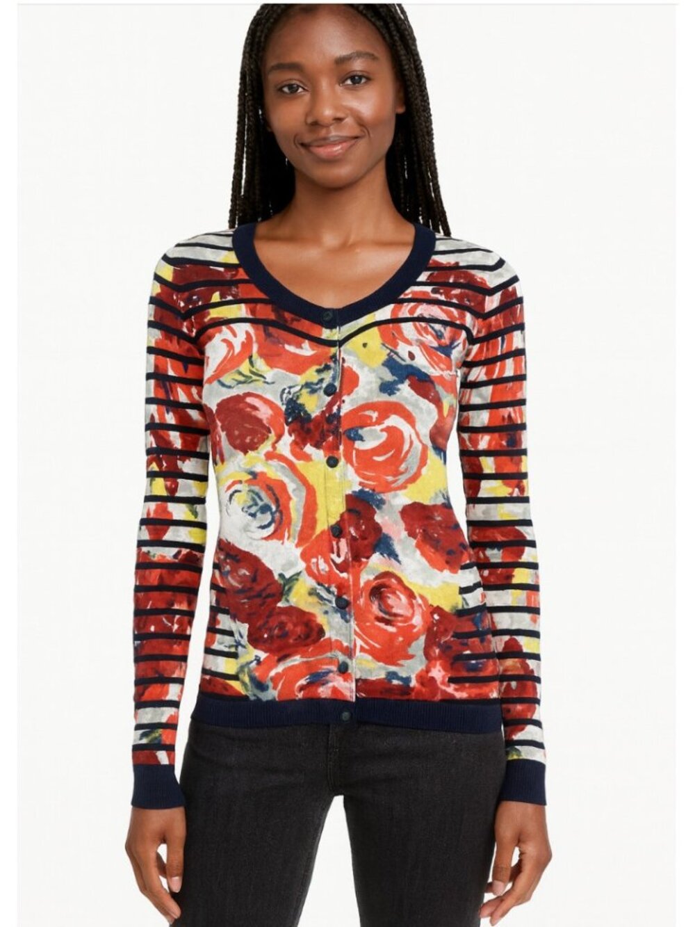 Anthropologie Sparrow Floral Stripe Cardigan Women XS Cotton Abstract Rose Print